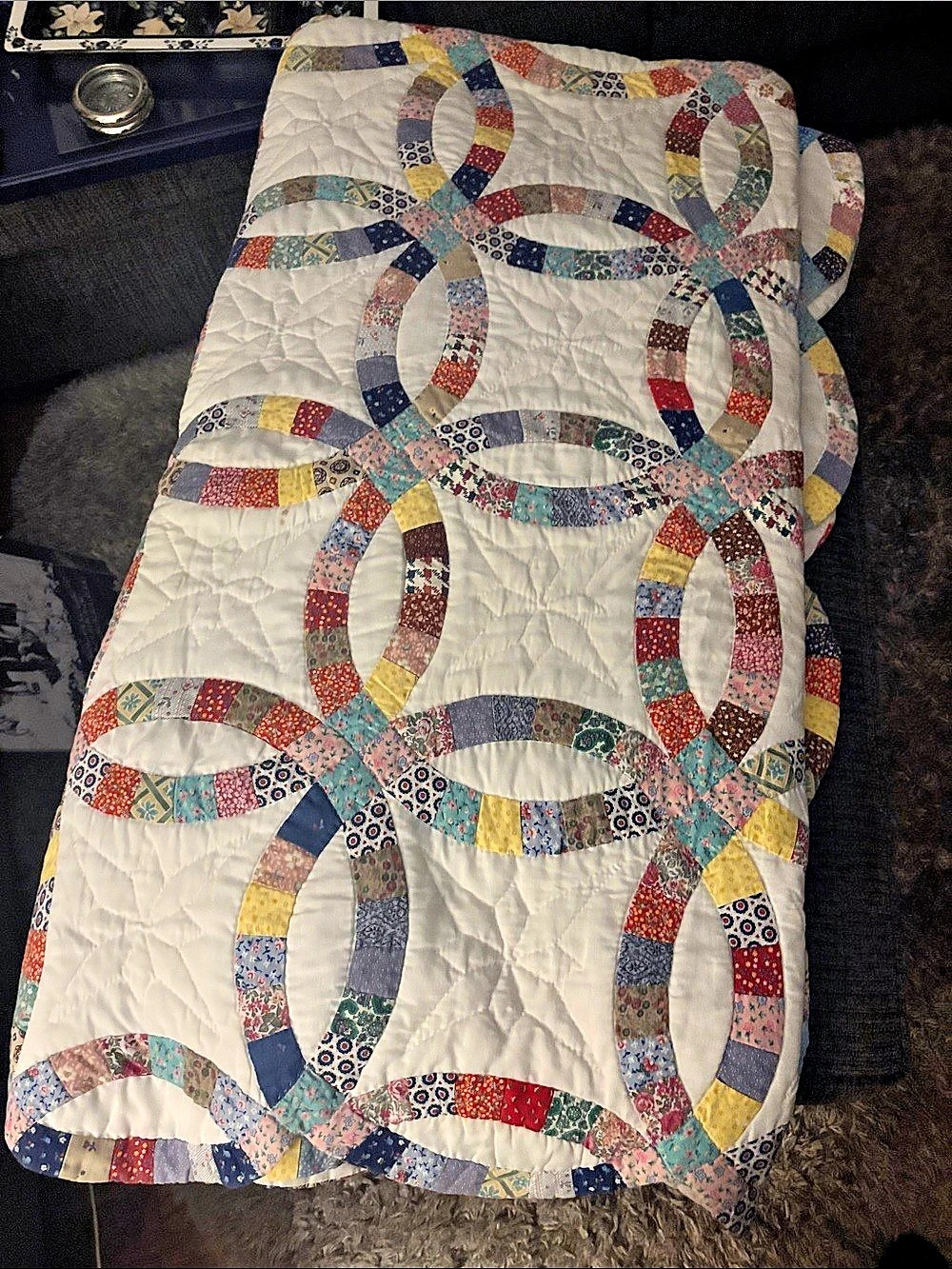 1900’s Antique Geometric Patchwork Quilt in White & Multicolor (Queen Size)